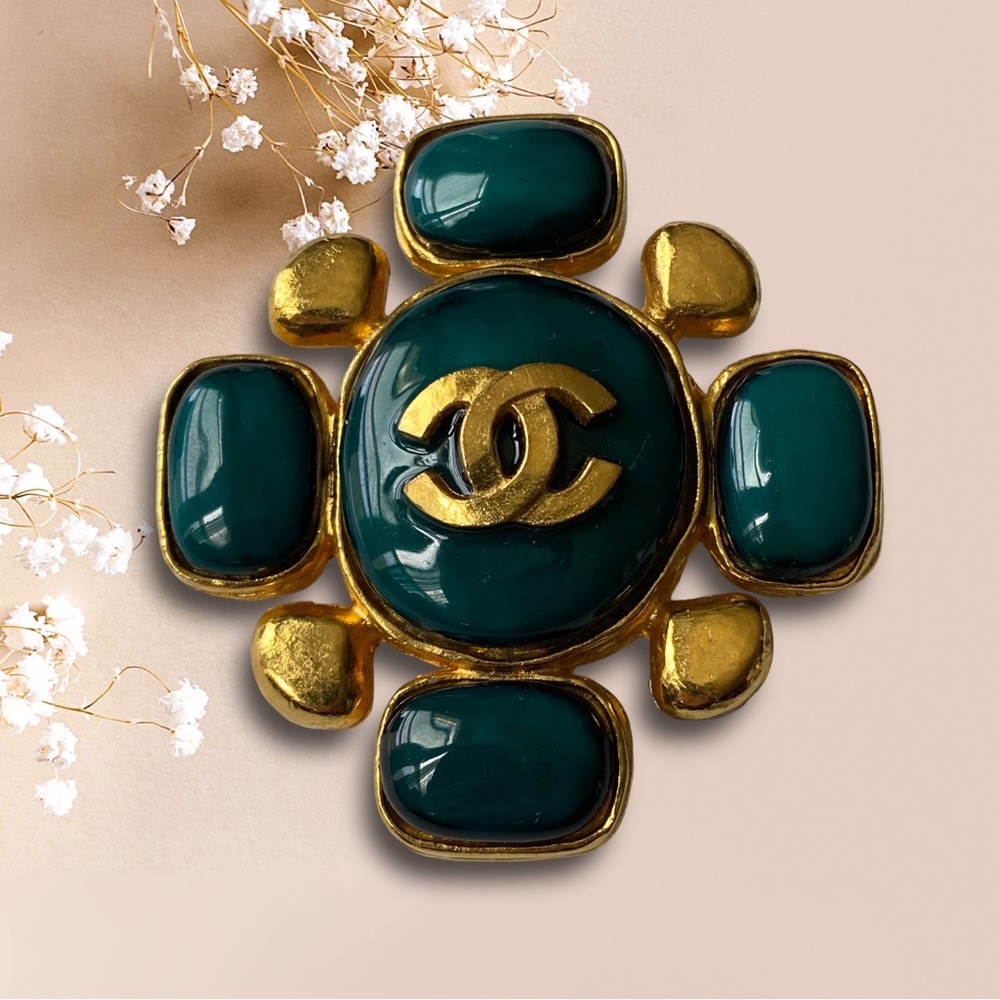 CHANEL  Brooch Glossy Teal Cross Geometric Gold Metal 97P 1997 Reworked READ!!!